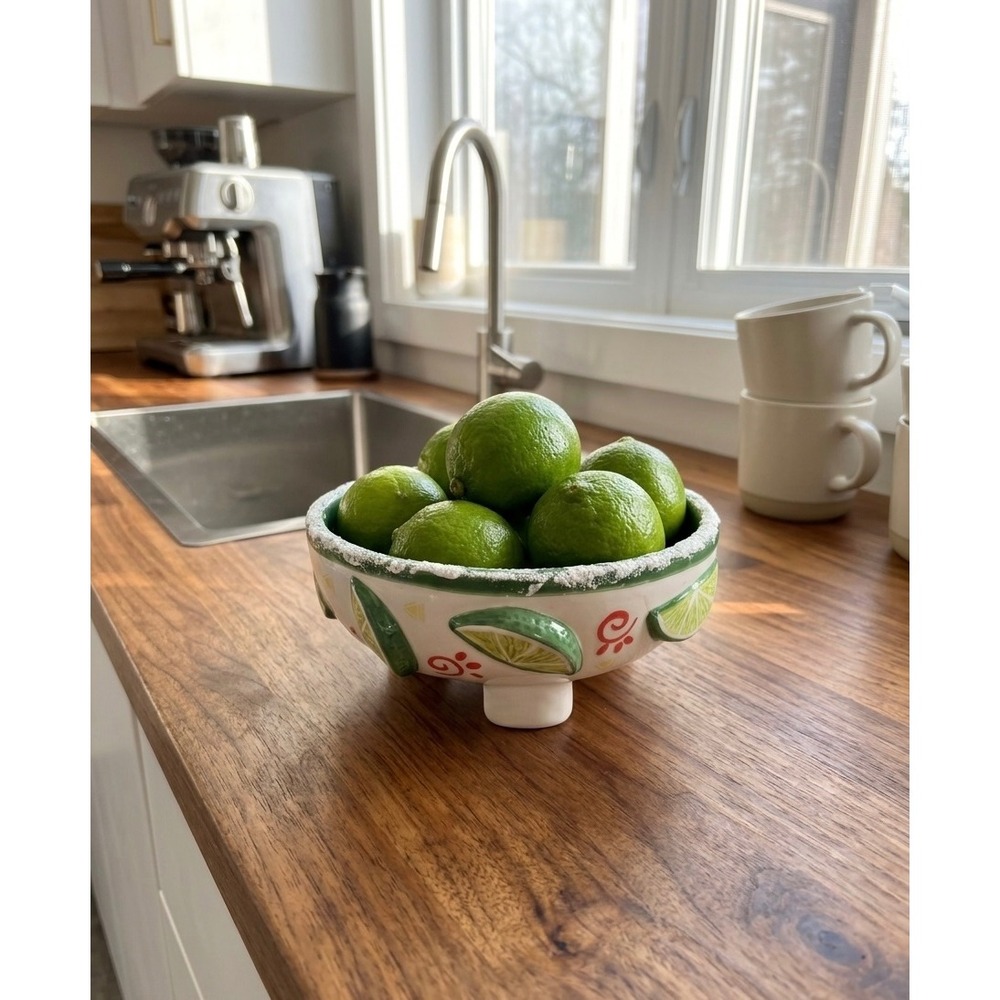 Bella Casa by Ganz Lime Ceramic Footed Bowl Green White Salt Rim BC7610